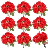 Zeyune 8 Bunches 17.3" Artificial Silk Rose Flowers, Fake Roses Flower Bouquet 56 Heads Whit Artificial Roses Flowers Bulk with Stems for Bridal Wedding Home Mother