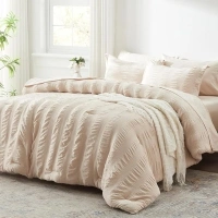 King Comforter Set 7 Pieces, Beige Seersucker Bed in a Bag with Comforter and Sheets, All Season Bedding Sets with 1 Comforter, 2 Pillow Shams, 2 Pillowcases, 1 Flat Sheet, 1 Fitted Sheet