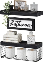 QEEIG ‎Bathroom Shelves Over Toilet Paper Storage Wall Mounted Farmhouse Decor Decorations Aesthetic Décor Sign Small Floating Wall Shelf 2+1 Set 16 inch, Black (020B)