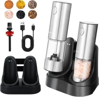 Electric Salt and Pepper Grinder Set with Charging Base, Stainless Steel Rechargeable Pepper Mills with 95ml Large Capacity, White LED Light and Adjustable Coarseness Grinder Ideal for Home, Kitchen