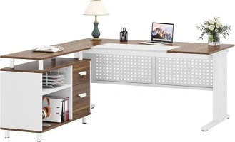 LITTLE TREE Large Computer Desk with File Cabinet, 63 Inch Executive Desk L Shaped Office Desk with Drawers and Storage Shelves, Business Furniture Desk Workstation for Home Office