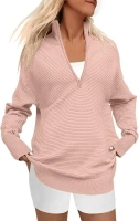 DEEP SELF Fall Women V Neck 1/4 Zip Pullover Stretch Sweater Long Sleeve Stand Collared Ribbed Knitted Solid Sweaters