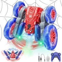 Spider Remote Control Car, 360°Rotating RC Stunt Car with 4 LED Texts Headlights and Spray, 2.4Ghz 4WD Double Sided Flip RC Car Toys for Boys Girls Age 3 4 5 6 Christmas Halloween Birthday Gift