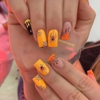 Hallowee Press on Nails Medium Fake Nails Square Yellow and Black Spider Flame False Nails with Rhinestone Spider Designs Stick on Nails Full Cover Acrylic Glue on Nails for Women Manicure