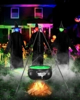 COOLWUFAN Halloween Decorations Outdoor, Large Witches Cauldron Party Décor with String Lights, Black Witch Cauldron on Tripod, Plastic Bowl Hocus Pocus Candy Bucket for Porch Yard Patio Outside