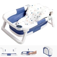 Collapsible Baby Bathtub,Baby Bath Tub with Soft Cushion & Thermometer,Baby Bathtub Newborn to Toddler 0-36 Months,Portable Travel Baby Tub (Blue)