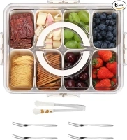 Snack Box Container, Divided Serving Tray with Lid and Handle Snackle Box Container，Portable Snack Platters - Candy, Fruits, Nuts，with 8 Compartments & 4 Forks, 1 Small Snack Tongs