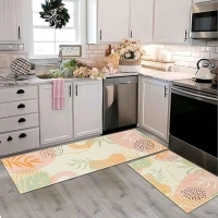 Boho Kitchen Rugs and Mats Set of 2, Non Slip Backing Pink Kitchen Rug Mid Century Modern Decor Seasonal Farmhouse Abstract Tropical Leaves Bohemian Low-Profile Kitchen Floor Mat 17"X47"+17"X30"