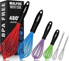 Walfos Silicone Whisk, Sturdy Stainless Steel Wire Kitchen Whisks, Heat Resistant up to 480℉ Whisk For Cooking Non Scratch, Multicolor 5+7+9+11in Whisk & 5+7in Mini Whisk, Great for home baking.