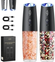 Sangcon Gravity Electric Salt and Pepper Grinder Set Shakers - UPGRADED RECHARGEABLE 9OZ XL Capacity USB-C No Battery Needed - LED Light One Hand Operation, Adjustable Coarseness Automatic Mill Set