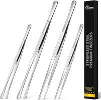 Hotec Kitchen Tweezers Stainless Steel Tongs Fine Kitchen Tongs for Cooking,Grill and Baking, Extra-Long Foood Tweezers, Set of 4-10 and 12inch