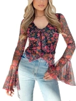 Womens Summer Boho Mesh Blouses V Neck Floral Bell Sleeve Tops Shirts