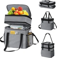 45 Can Cooler Bag for Men Women,32L Large Expandable Double Deck Insulated Lunch Box,Leakproof Reusable Cooler Lunch Bag,Suit for Camping/Picnic/Road Trips,Grey