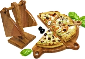 Pizza Serving Plates with Stand - Mini Charcuterie Boards for Elegant Gatherings - 6 Hand Carved Acacia Wood Boards.- A Unique Pizza Board Set