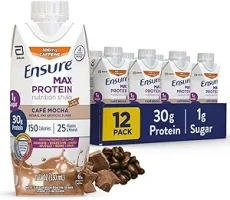 Ensure Max Protein Cafe Mocha Nutrition Shake | 30g Protein, 1g Sugar, 4g Fiber Blend | 12 Pack