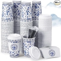 Sherr 100 Pack Paper Coffee Cups Disposable Coffee Cups with Lids Coffee Cups with Sleeves and Straws Blue and White Paper Coffee Cups Floral Pattern Paper Cups for Office, Home, Tea Party (16 oz)