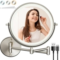 Rechargeable Wall Mounted Lighted Makeup Mirror Nickel Finishes, 8 Inch Double-Sided LED Vanity Mirror 1X/10X Magnification, 3 Color Lights Touch Screen Dimmable 360°Swivel 13 Inch Extendable