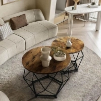 Small Round Coffee Table Set of 2,Modern Coffee Table with Metal Frame, Coffee and End Table Sets for Living Room, Bedroom, Home Office, Farmhouse, Rustic Brown and Black