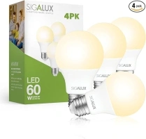 Sigalux LED Light Bulbs 60 Watt Equivalent A19 Standard Light Bulbs 2700K Warm, Non-Dimmable Energy Efficient 9.5W LED Soft White Bulb with E26 Medium Base, 800 Lumens, UL Listed, 4 Packs