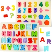 MCPINKY 2PCS Wooden Puzzles for Kids, Alphabet Number Shape Puzzles Montessori Toddler Puzzles Preschool Educational Toys for Boys Girls Birthday Gift