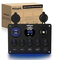 Nilight 90101E 5Gang Multi-Function 5 Gang Rocker Dual USB Charger + Digital Volmeter +12V Outlet Pre-Wired Switch Panel with Circuit Breakers for RV Car Boat Truck Trailer,2 Years Warranty,Blue