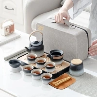 Japanese Tea Set, Chinese Tea Set, Asian Tea Set for Adults, Gongfu Tea Set, Portable Ceramic Teaset, 13-Piece Withgrey Leather Case, Gradient PorcelainTeaset for Present, Home, Outdoor, Busines