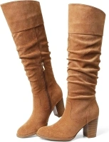 Erocalli Suede Knee-High Boots Fall Boot For Women Chunky Block High Heel Slouch Fashion Boot Round Toe Side Zipper