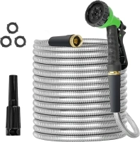 Metal Garden Hose 100ft Stainless Steel Water Hose Super Tough Flexible Water Pipe with 3/4 inch Brass Fittings and Sprayer Nozzle, Kink & Tangle Free, Rust Proof