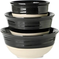 Hasense Salad Bowls Set, Ceramic Serving Bowls Set of 3, 1.5/1.0/0.5 Qt Nesting Pasta Bowls for Saving Space, Black Bowls for Soup Cereal Fruit Ramen, Dishwasher Microwave Safe