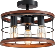 3-Light Semi Flush Mount Ceiling Light Fixture Vintage Ceiling Light Farmhouse Ceiling Light Metal Cage Ceiling Lamp for Kitchen Dining Room Hallwa Bedroom Living Room (Dark Wood Color)