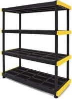 CX Black & Yellow®, 4-Tier Heavy Duty Plastic Storage Shelving Unit, 200lbs/shelf (55”H x 48”W x 20”D), for Indoor/Outdoor Organization, Modular Rack