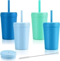 Reusable 10oz Wheat Straw Cups, Durable Water Cups With Lids and Straws for Kids, Chip Resistant Tumbler and Unbreakable Kitchen Drinking Cups, BPA free, Microwave & Dishwasher Safe