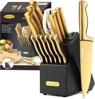 McCook® Knife Sets, Golden Titanium Stainless Steel Kitchen Knife Block Sets with Built-in Sharpener