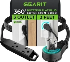 GEARit 360° Rotating Flat Plug Extension Cord (3ft, Black) Multi 3-Outlet Extension 16 AWG Wire, Adapter for Small Spaces, Right Angle Socket, ETL Certified - 3 Feet