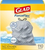 Glad Tall Kitchen Drawstring Trash Bags - Odorshield 13 Gallon White Trash Bag, Febreze Fresh Clean, 110 Count