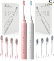 2 Pack Rechargeable Electric Toothbrush with 8 Brush Heads, 6 Cleaning Modes Waterproof 2 Minute Timer (Pink&White)