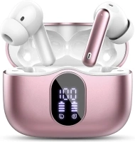 Wireless Earbuds Bluetooth 5.3 Headphones Bass Stereo Ear Buds with Noise Cancelling Mic LED Display in Ear Earphones IP7 Waterproof 36H Playtime for Laptop Pad Phones Sports Workout Rose Gold