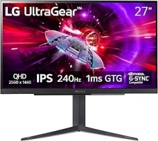 LG 27" UltraGear QHD (2560x1440) Gaming Monitor, 240Hz, 1ms, VESA DisplayHDR 400, G-SYNC and AMD FreeSync Premium, HDMI 2.1, DisplayPort, 4-Pole HP Out DTS HP:X, Tilt/Height/Pivot Stand, Black