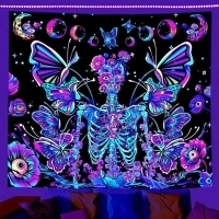 ARTHMOM Blacklight Skull Tapestry for Bedroom Aesthetic, Funny Butterfly Moon Halloween Wall Tapestry UV Reactive Mushroom Skeleton Flowers Tapestries Hanging for Home Decor (91"x71")