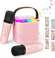 MoKo Mini Karaoke Machine for Kids Adults with Portable 5.3 Bluetooth Speaker, Karaoke Machine with 2 Wireless Microphones for Home Party, Outdoor, Birthday Gift for Girls Boys(Pinkcolor)