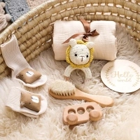 New Born Baby Gift Basket, Baby Boys Girls Shower Gifts with Wooden Lion Rattle, 6PCs New Born Essentials Bath Set with Baby Brush,Blanket,Milestones Cards