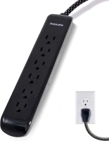 Philips 6 Outlet Surge Protector Power Strip, Designer Braided Power Cord, 4 Ft Power Cord, Flat Plug Extension Cord, Perfect for Office or Home Decor, 720 Joules, ETL Listed, Black, SPC3064BD/37