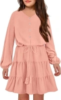 Arshiner Tween Girls Dresses Fall Long Sleeve V Neck Waist Tie Ruffle Tiered Swing Skater Dress