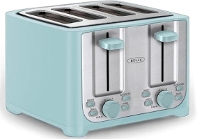 BELLA 4 Slice Toaster with Auto Shut Off - Extra Wide Slots & Removable Crumb Tray and Cancel, Defrost & Reheat Function - Toast Bread & Bagel, Stainless Steel and Aqua