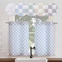 OVZME Abby White Blue Curtains 36 Inch Length 2 Panels for Bedroom, Light Filtering Soft Airy 3D Embossed Textured Fabric Checkered Pattern Short Curtains for Bathroom, Grommet Top, 28Wx36L