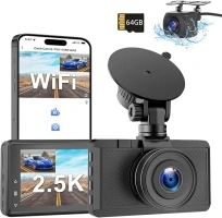 Dash Cam Front and Rear Camera, Otovoda 3Inch Screen WiFi Dash cam, 2.5K+1080P Dash Camera for Cars, Dashboard Camera with Free 64GB SD Card, Type-C Port, Parking Monitor, Super Night Vision