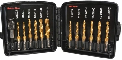 Drill & Tap Set with Quick-Change Adapter of 13Pcs, 6 SAE Sizes: 6-32NC to 1/4-20NC, 6 Metric Sizes: M3 to M10, Titanium Combination Drill & Tap Bit Set for Drilling Threads, Tapping