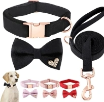 Female Male Dog Collar and Leash Set for Small Medium Large Dogs, Bow Tie Collar with Quick-Release Metal Buckle, Heavy Duty Adjustable Dog Collar with Bowtie(Black,L)