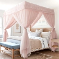 4 Corners Bed Canopy Curtains, 2-Layer with Detachable Curtain & Mosquito Net, 4 Opening & Breathable Bed Curtain for Girls, Adults Bedroom Decoration, Canopy for Full/Queen Bed, 59x79x83 in, Pink