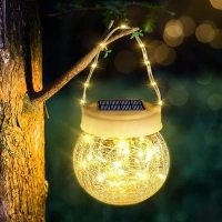 Solar Lantern Crackle Glass Ball, Outdoor Solar Lanterns, 1 Pack 30 LED, Hanging, Waterproof, Warm White, Crackled Glass, for Porch, Patio, Yard, Pathway, Camping